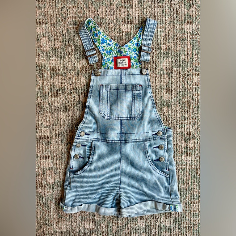 Girls Mini Boden Striped Blue Overalls with Floral Lining